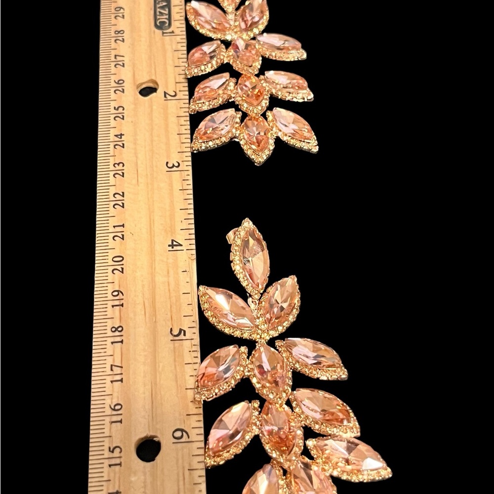 Pink rose gold drop leaf dangle earrings with rhinestone accents - Picture 4 of 4